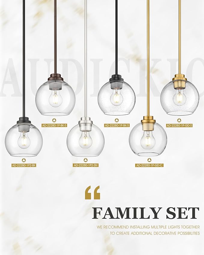 Pendant Lights Kitchen Island, 7" Modern Brushed Gold Hanging Lights Fixtures with Clear Seeded Glass Globe Shade, Kitchen Island Lighting for Bathroom, AD-22280-1P-GD-S