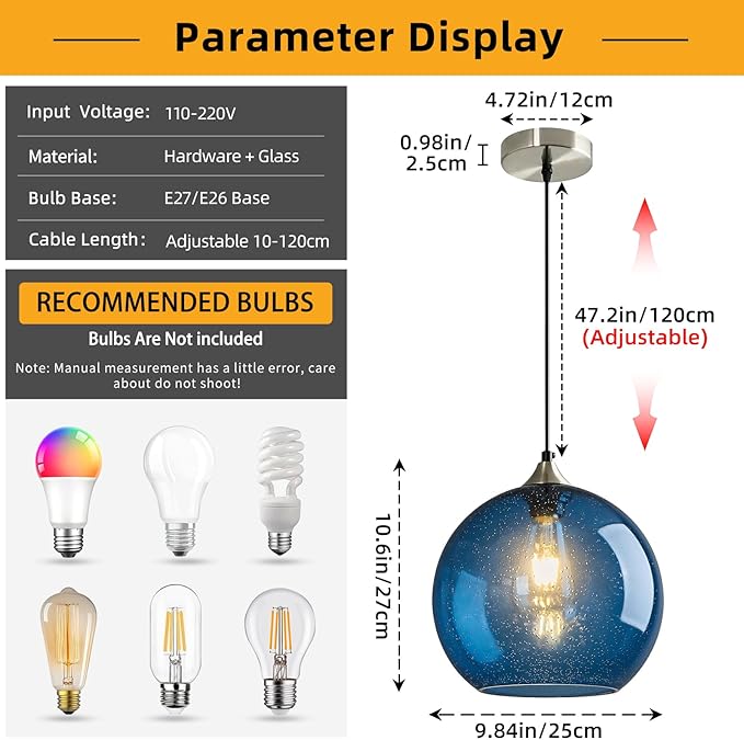 Modern 2-Pack Glass Globe Pendant Lights, Blue Modern Pendant Lighting for Kitchen Island, Clear Glass Hanging Lamps for Dining Room Living Room Bedroom, Large 9.85 Inch Fixture (Bulbs Not Included)