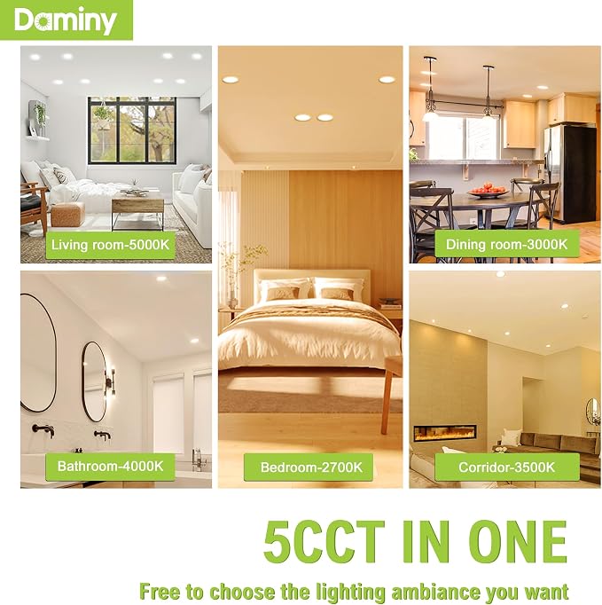 DAMINY 12 Pack 4 Inch 5CCT LED Recessed Light with Night Light,Ultra-Thin,Canless recessed Lighting 4 in,9W=80W,700LM,Dimmable Wafer Lights,ETL Certificated