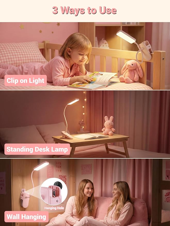 Pink Desk Lamp for Girls Bedroom,9 Brightness+5 Color Clip on Light,4000mAh Battery Rechargeable Desk Lamp Cute Lamp for Kids Room,Cordless Clip on Reading Light for Bed/Headboard/Bedside Table/Dorm