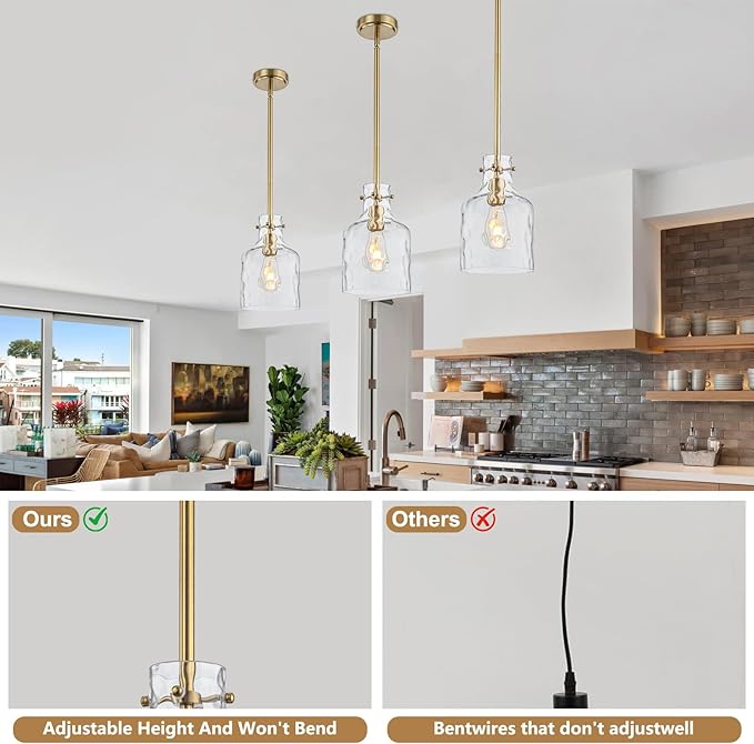 WILON Pendant Light Fixtures,Glass Pendant Lighting for Modern Kitchen Island Adjustable Hanging Ceiling Light 7" Hammered Glass Shade Pendant Lights for Dining Room Kitchen Sink, Gold Metal Finish