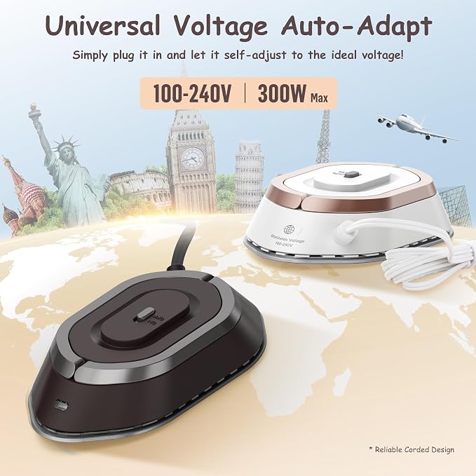 Newbealer Travel Iron Set, 100-240V Mini Dry Iron for Clothes (No Steam) | Max 300W, Heats in 60s, 302℉ Ceramic Soleplate, Handy Heat Press, 0.8lbs Lightweight for Quick Touch-ups Worldwide (Brown)