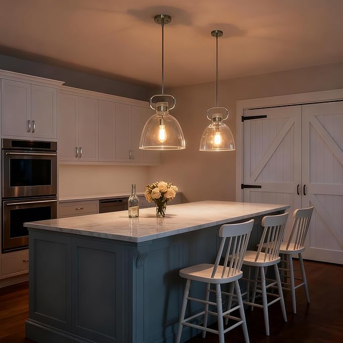 Large Pendant Lights Kitchen Island, 14'' Brushed Nickel Pendant Lights Fixture with Clear Glass Shade, 1-Light Modern Glass Kitchen Island Lighting for Dining Room Bedroom Over Table, E26