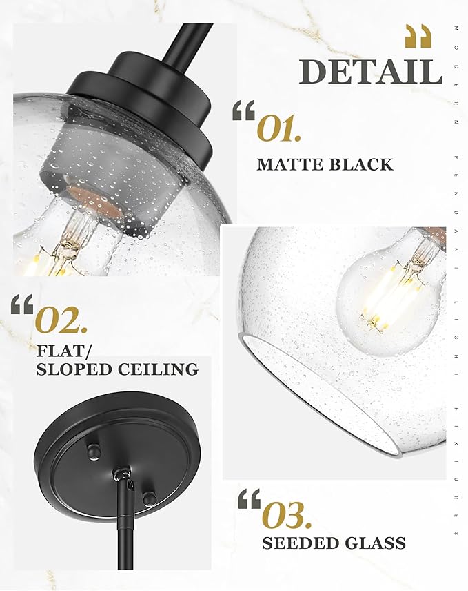 Pendant Lights Kitchen Island, 7" Modern Black Hanging Lights Fixtures with Clear Seeded Glass Globe Shade, Kitchen Island Lighting for Bathroom, AD-22280-1P-BK-S
