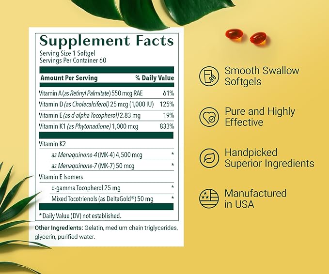 ALGAECAL 4-en-1 Vitamine D3 K2 Complete - Supplément vitaminique ADK, Soutien immunitaire renforcé et Santé osseuse avec D3 K2, A et E - Bien-être général et Force osseuse, 60 gélules faciles à avaler, Fabriqué aux États-Unis