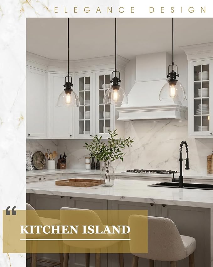 2-Pack Pendant Lights Kitchen Island, 7.5" Farmhouse Black Pendant Lighting with Clear Glass Shade, Vintage Hanging Light Fixtures for Dining Room Entryway, Adjustable Cord, AD-22151-1P2-BK-C