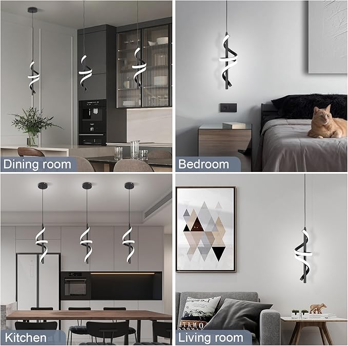 Black Led Pendant Light Fixtures,6000K Cool White Modern Pendant Lights for Kitchen Island,Adjustable Kitchen Island Light Fixture for Dining Room Bedroom Sink, 1 Pack (Black, 2 Packs)