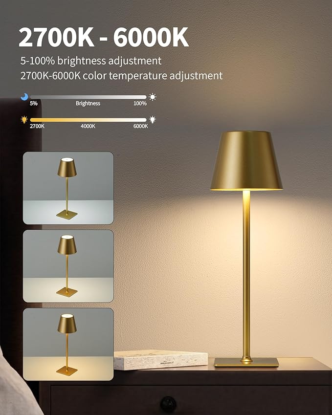 KDG 2 Pack Cordless Table Lamp, Portable LED Desk Lamps, 4000mAh Battery Operated, 3 Color Stepless Dimming Up, for Restaurant, Bedroom, Outdoor Camping, Coffee Shop, Night Light, Rechargeable (Gold)