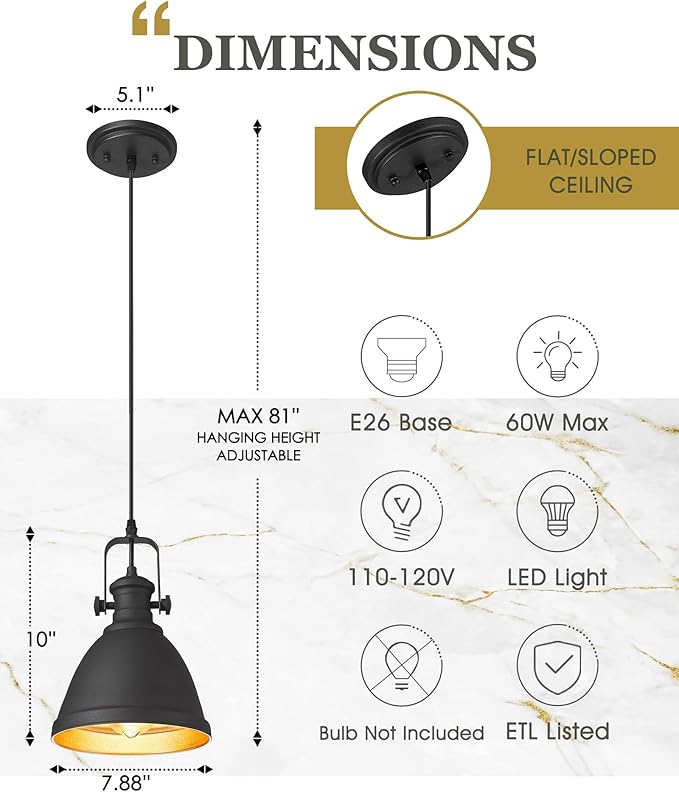 2-Pack Pendant Lights Kitchen Island, 8" Black Hanging Lights Fixtures with Metal Shade, Farmhouse Rustic Kitchen Pendant Lighting Over Island for Dining Room, AD-2151-2PM-BK