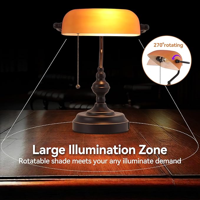 Bankers Desk Lamp with USB A and Type C Charging Port, Vintage Banker's Desk Lamp with Pull Chain Switch, Library Lamp for Office Study Room, Amber Glass Bronze Desk Lamps