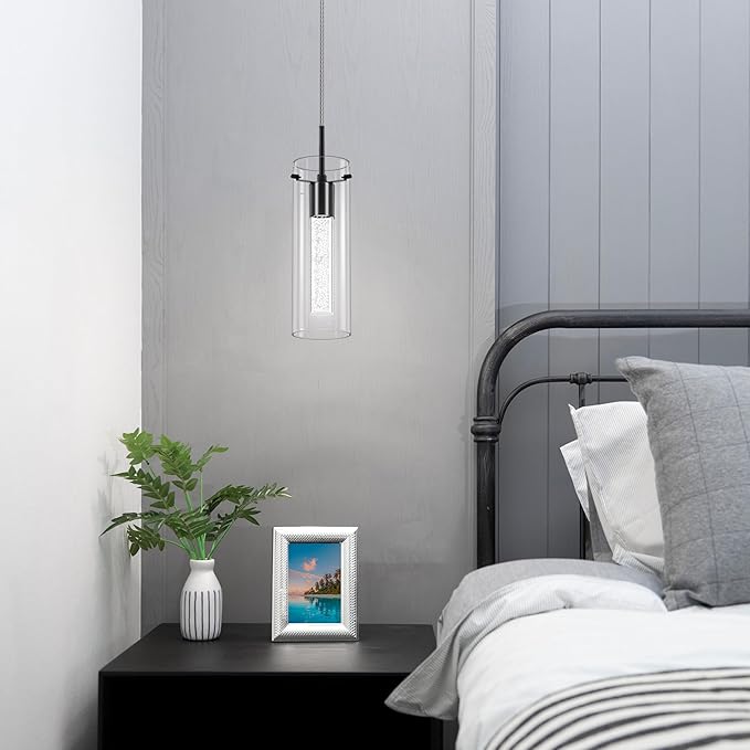 Pendant Ceiling Light Fixture, 6500K LED Kitchen Lighting Crystal Pendant Lights Kitchen Island Brushed Black, Glass Kitchen Hanging Light Fixture Modern Island Light with Crystal Bubble 3 Pack