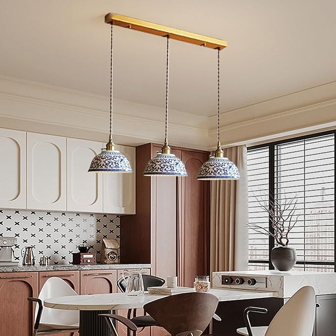 3-Light Ceramic Pendant Light, Chinese Blue and White Porcelain Pendant Light fixtures, Bedside Light, Hanging lamp for Kitchen Island Light Fixture, Home Bedroom Dining Room Ceiling Hanging Light