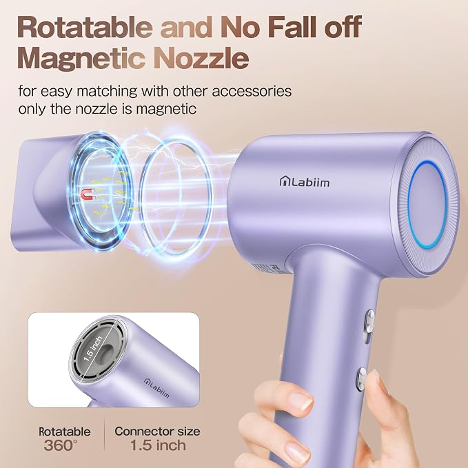 Labiim Hair Dryer, High-Speed Ionic Blow Dryer 110,000 RPM Brushless Motor for Fast Drying, 200M Ions Frizz & Thermo-Control HairDryer with Magnetic Nozzle, Quiet Compact for Home Travel, Purple