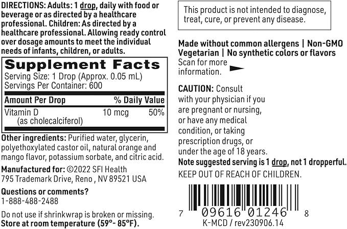 Klaire Labs SFI Health Vitamine D3 Micellaire Liquide pour Enfants, Bébés et Adultes - 400 UI de Vitamine D par Goutte - Convient aux Enfants - Soutien Immunitaire - Gouttes Saveur Mangue Orange (600 Portions / 30 ml)