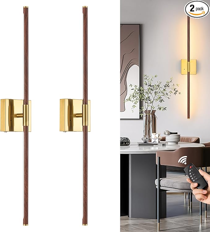 Morauroral 36 Inch Battery Operated Wall Sconces Set of 2, Dimmable Battery Wall Sconce with Remote Control, Walnut Gold LED Rechargeable Sconces, Modern Wireless Wall Lights for Bedroom, Living Room