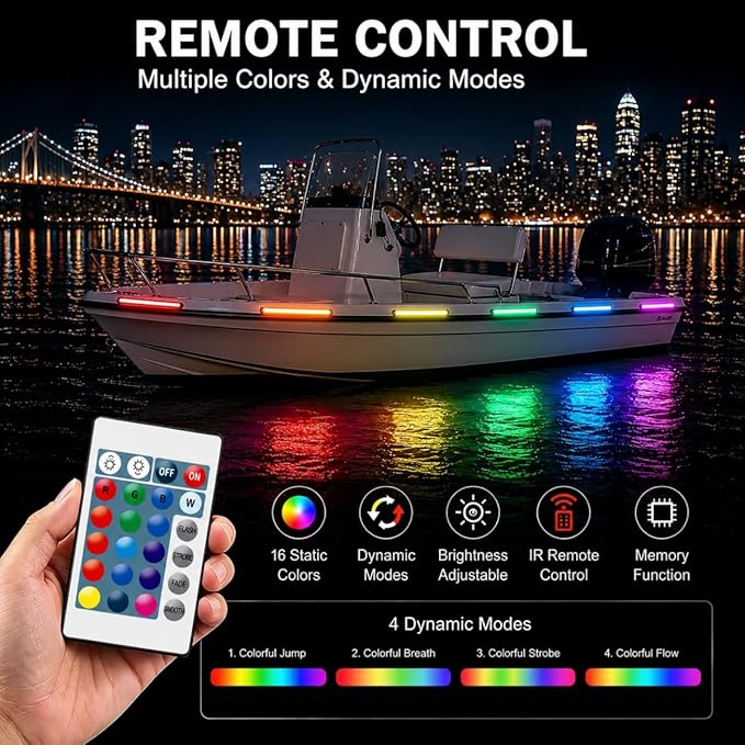 Boat Marine Led Strip Lights RGB, 12V 4 Pcs 12'' Waterproof Boat Interior Light, Built-in Controller, Night Fishing Light, Super Bright Boat Deck Courtesy Lighting for Pontoon Bass Boats Kayak