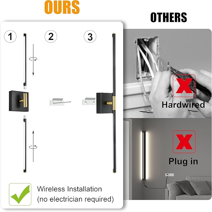 10000mAh Battery Operated Wall Sconces Set of 2, 3 Color Dimmable Rechargeable Wall Light with Remote, 24 Inch Black Gold Wireless Sconces Wall Decor with Timer Function for Living Room, Bedroom, TV