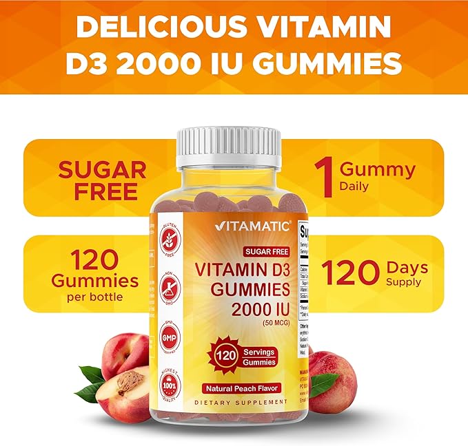 Vitamatic シュガーフリー ビタミンD3 2000 IU - 120 ペクチンベースグミ - 美味しい - 健康な骨、気分、免疫システム機能 - 非遺伝子組み換え - 120回分
