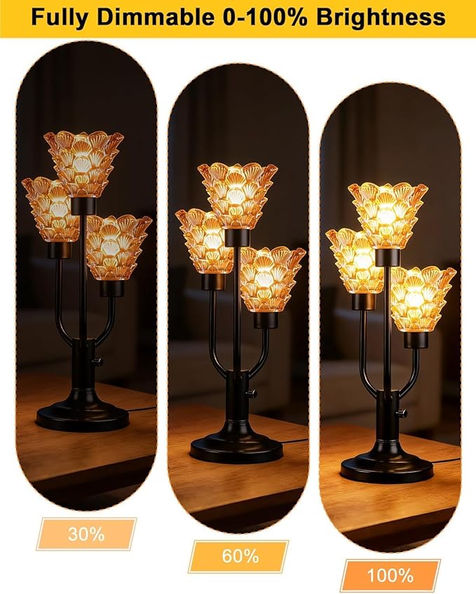 Glass Vintage Table Lamp Dimmable Nightstand Lamp Mid Century Modern Black Desk Lamp Brown Glass 3 Bulbs Included Warmwhite Ambient Bedside Lamps for Living Room Bedroom Office Home Decor
