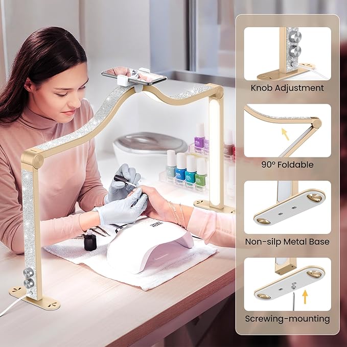 Yokilly Arc Half Moon Light: 34" Shadow-Free Half Moon Light for Desk Salon - Foldable LED Desk Lamp with Stepless Brightness for Manicurist (Gold)