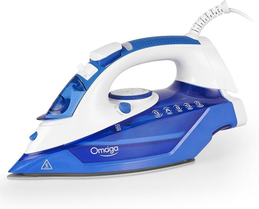 OMAIGA Steam Iron for Clothes, 1500W Clothes Iron with 3-Way Auto-Off, Non-Stick Ceramic Soleplate, Iron for Clothes with 11.84oz Water Tank, Self-Cleaning, Anti-calc, White
