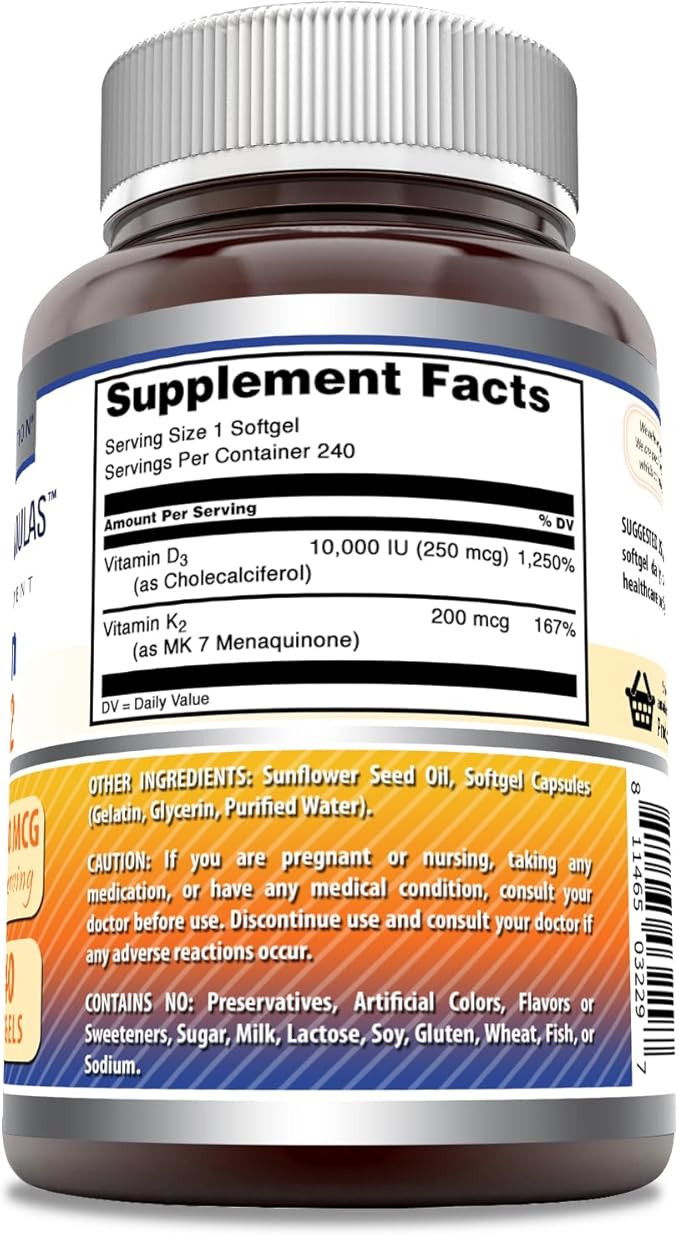 Amazing Formulas Vitamine D3 10000 UI avec Vitamine K2 200 Mcg | Complément Complexe D3 + K2 | Sans OGM | Sans Gluten | Fabriqué aux USA (1 Paquet, 240 Comprimés)