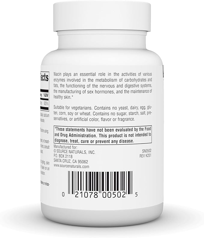 Source Naturals Niacine, Vitamine B-3, Sans OGM, 100 mg - 250 Comprimés