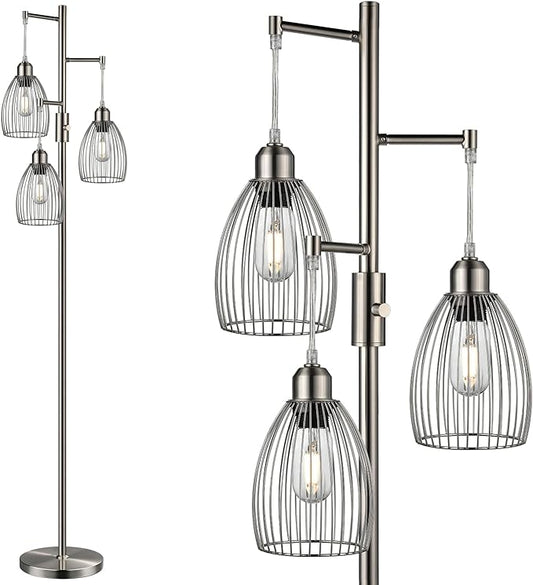Nintiue Dimmable Floor Lamp, 3 x 800LM LED Edison Bulbs Included, Industrial Floor Lamp Standing Tree Lamp with Elegant Teardrop Cage Heads Tall Lamps for Living Room Bedroom-Brushed Nickel