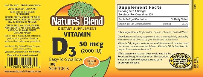 Nature's Blend Vitamine D3 50 MCG (2000 UI) Facile à Avaler, 100 GÉLULES