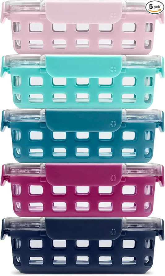 Ello Duraglass 3.4 Cup Meal Prep Sets 10Pc, 5 Pack Set- Glass Food Storage Container with Silicone Sleeve and Airtight BPA-Free Plastic Lids, Dishwasher, Microwave, and Freezer Safe, Evening Orchard