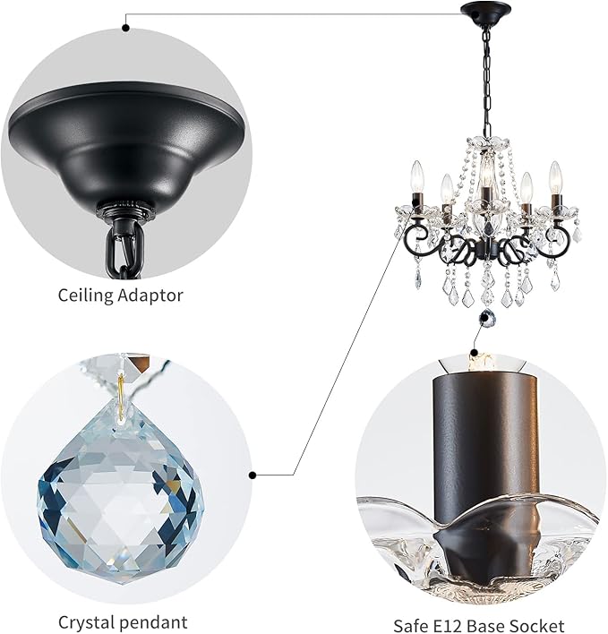 ANJIADENGSHI Small Crystal Chandelier, Modern Black Chandelier Dining Room Light Fixture, Mini Crystal Pendant Light for Bedroom Ceiling Light Fixture for Living Room Entryway Kitchen Island Hallway