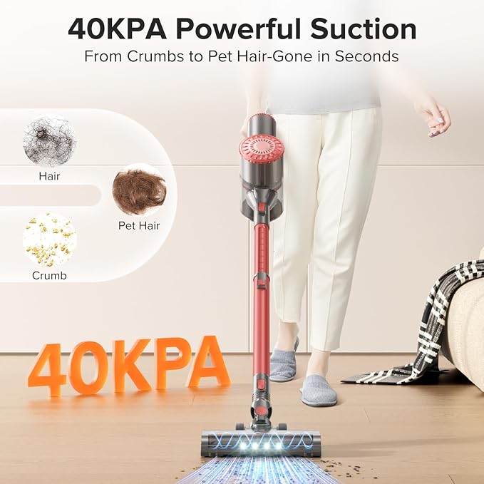Tipdiy Cordless Vacuum Cleaner with Self-Standing, 40KPA Stick Vacuum Cleaners for Home, 8-in-1 Lightweight Rechargeable Vacuum, 7-Layer Filtration,Ideal for Carpet, Pet Hair, Hardwood Floors