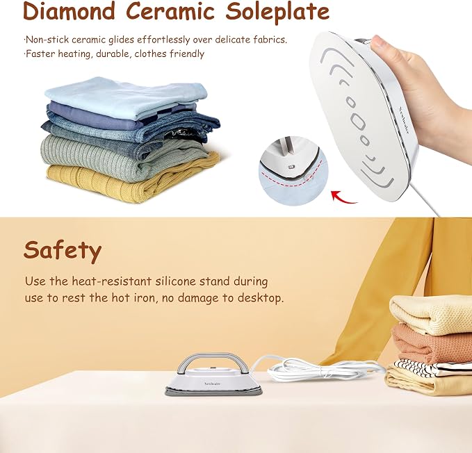 Newbealer Travel Iron Set, 100-240V Mini Dry Iron for Clothes (No Steam) | Max 300W, Heats in 60s, 302℉ Ceramic Soleplate, Handy Heat Press, 0.8lbs Lightweight for Quick Touch-ups Worldwide (Silver)