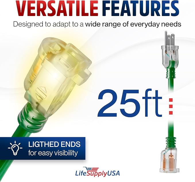 25ft Outdoor/Indoor Extension Cord 14/3 Gauge Heavy Duty 3 Prong SJTW, Waterproof, Flexible Cold-Resistant Long Power Cord,15A 125V 1875W, Green by LifeSupplyUSA