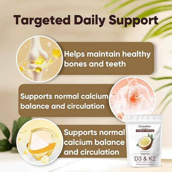 Crown Her Naturals D3 K2, Real Good Essentials Vitamin d3 k2 10000 IU+ K2 200 mcg MK-7, Coconut Oil, Extra Strength, Bone & Immune Support, 180 Softgels