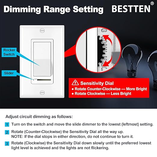 BESTTEN 6 Pack Dimmer Light Switch, Single-Pole or 3-Way Slide, Compatible with 150W Dimmable LED/CFL & 600W Incandescent Bulbs, Wall Plate Included, UL Listed, White