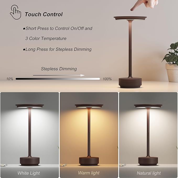 TBBGA 1 Pack Rechargeable Table Lamps Cordless, Portable 5000mAh Outdoor Table Light, 3 Color Stepless Dimming LED Table Lamp with Memory Function, for Home/Dinner/Patio/Restaurant.(Rust)