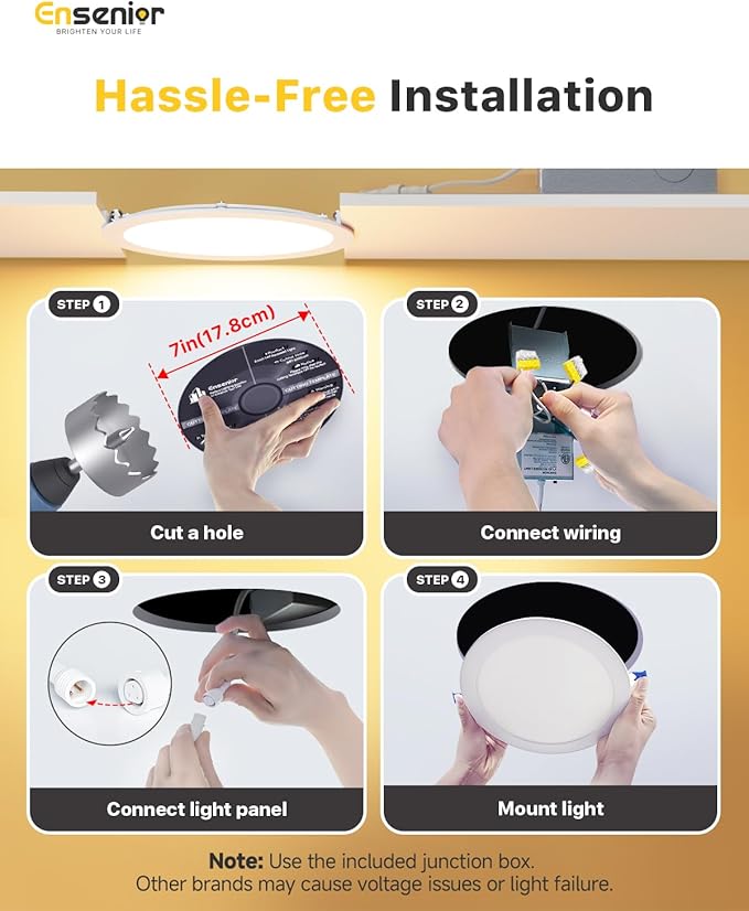 Ensenior 4 Pack 7 Inch LED Recessed Light, Dimmable, 2700K-5000K 5CCT, 1300LM High Brightness, 15W 120V, Damp Rated, Ultra-Thin Canless Wafer Light - ETL & FCC & IC