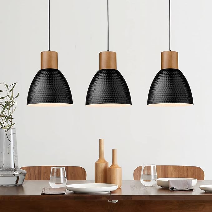 ELYONA 3 Pack Hammered Pendant Lights for Kitchen Island 7” Small Metal Solid Wood Hanging Light Fixtures Adjustable Height Farmhouse Pendant Lighting for Dining Room Bedroom Bar Office, Modern Black