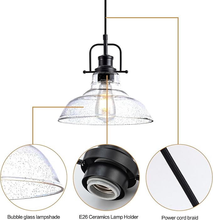 Zlepmlla Glass Pendant Light，Black Pendant Light Fixtures with Seeded Glass Shade, Adjustable Height Hanging Lights for Hallway, Kitchen Island, Dinning Room（Bulb not Included）