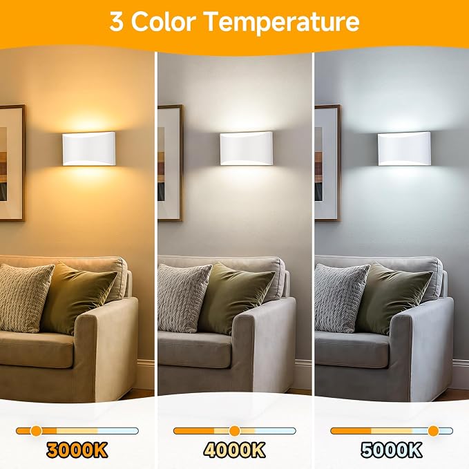 MATAMEYE Modern LED Wall Sconce Set of 2, White Indoor Wall Lighting Fixture with 3 Colors Temperatures, 10W Up/Down Hardwired Wall Mount Lamp for Bedroom Living Room Hallway