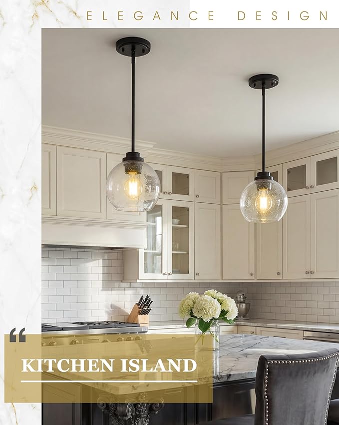 2-Pack Pendant Lights Kitchen Island, 7" Modern Black Hanging Lights Fixtures with Clear Seeded Glass Globe Shade, Kitchen Island Lighting for Bathroom, AD-22280-1P2-BK-S