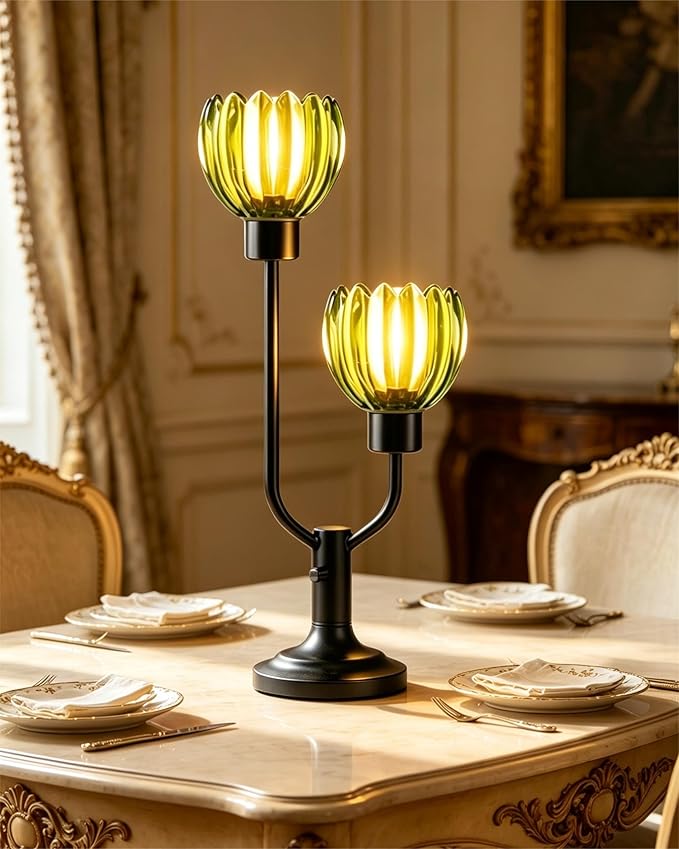 Lightdot Green Glass Flower Table Lamp for Living Room Dimmable Nightstand Lamp Mid Century Modern Vintage Black Desk Lamp 2 Bulbs Included Warmwhite Ambient Bedside Lamp for Bedroom Home Office Decor