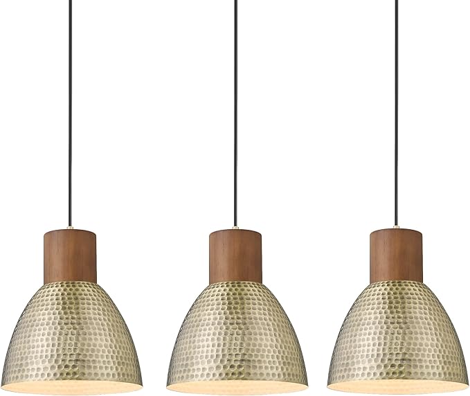 ELYONA Hammered Pendant Lights for Kitchen Island, 7” Small Solid Wood Vintage Metal Hanging Light Fixture Adjustable Height Antique Gold Pendant Lamp for Farmhouse, Dining Room, Brushed Brass, 3 Pack