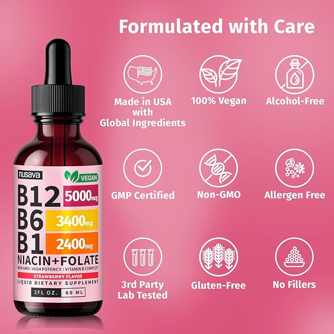 (Lot de 4) Vitamines B12 et B6 liquides, complexe de vitamines B12 sublinguales - Vitamine B12 5000mcg - Méthylcobalamine B12 pour l'énergie, le cerveau et le soutien cardiaque avec 27 200 mcg, Fraise, 80 portions