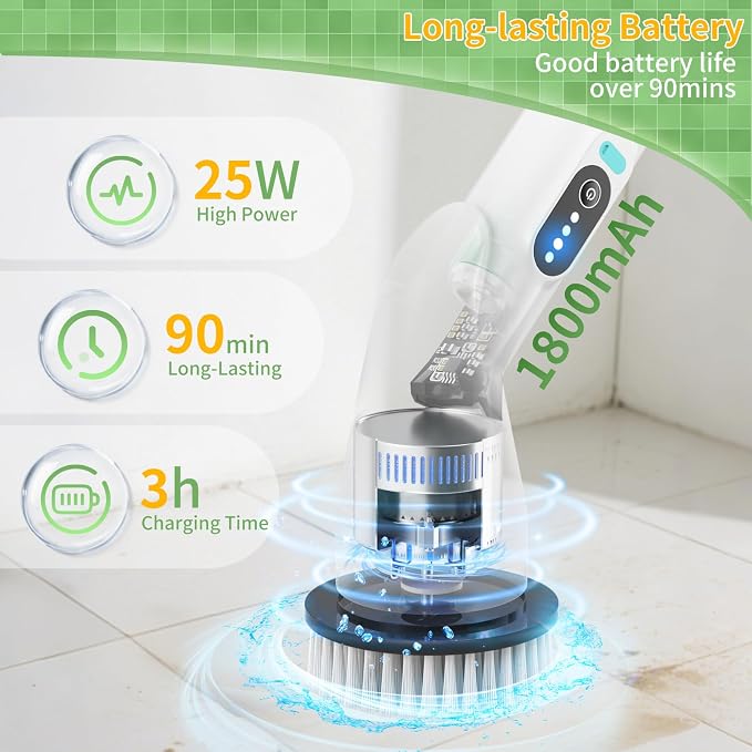 Electric Spin Scrubber - Household Cleaning Brush with 8 Heads, 51.2in Extendable Pole Bathroom Scrubber for Stubborn Grease on Grill, Stovetop & Bathtub, 90Min Runtime - Type B