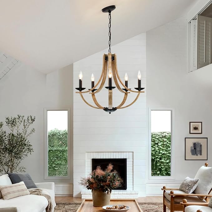 LAMPKEDUO Farmhouse Chandeliers for Dining Room Light Fixture, 5-Light 24 inch Faux Wood Texture Hanging Lighting Fixtures, Rustic Candle Chandeliers for Living Room Kitchen Island Foyer Entryway