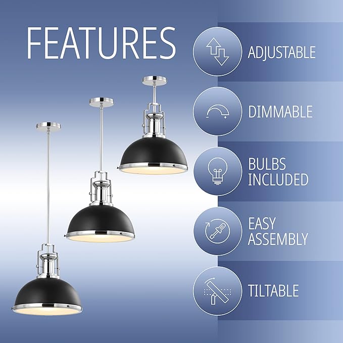 JONATHAN Y 13" Black/Chrome Modern Industrial Iron LED Dome Pendant Light, Adjustable Hanging Fixture for Kitchen Island or Entryway, Black Metal Shade, LED Bulb Included (JYL9536B)