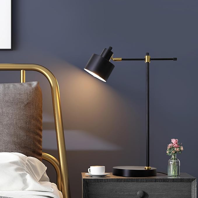 OYEARS 22.2" Modern Desk Lamp, Metal Table Lamp with LED Bulb, Adjustable Reading Lamps for Living Room, Mid Century Task Lamp for Home Office, Industrial Bedside Lamps with Solid Base,Black