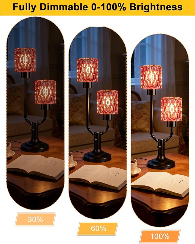 Lightdot Mid Century Modern Table Lamp Dimmable Nightstand Lamp Red Glass Vintage Black Desk Lamp 2 Bulbs Included Warmwhite Ambient Bedside Lamps for Living Room Bedroom Girls Room Home Office Decor